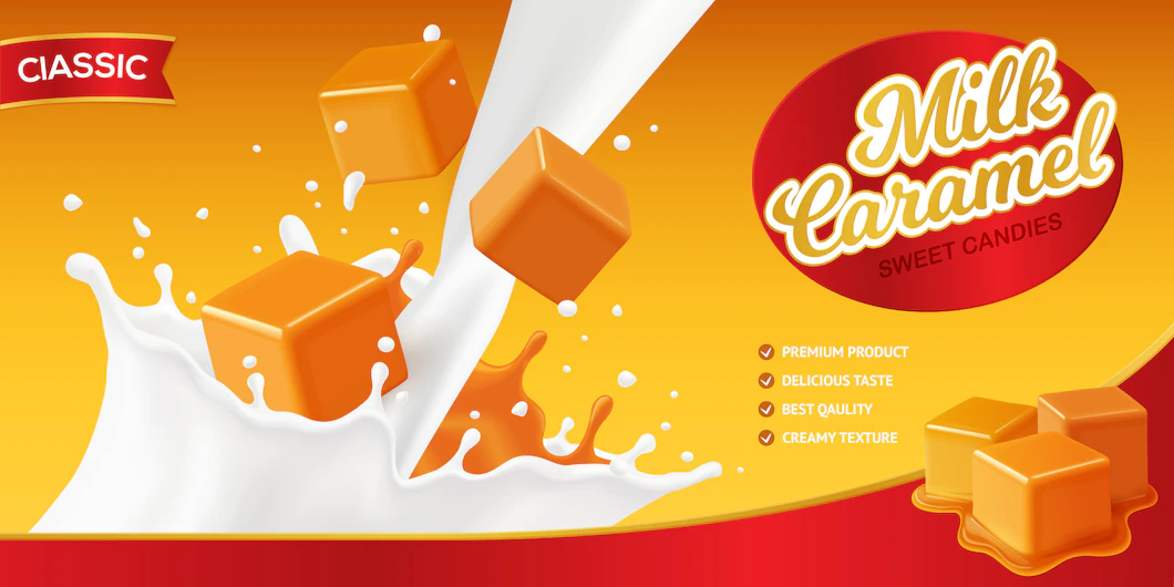 Realistic Caramel Poster Composition With Editable Brand Name Images Milk Splashes Candy Cubes 1284 31832