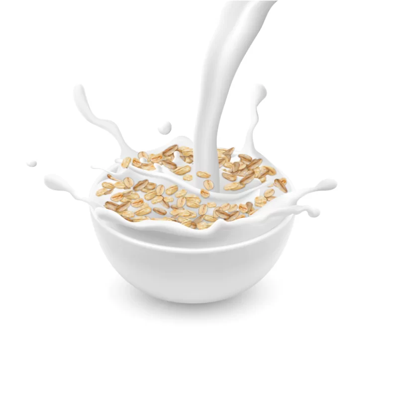 Realistic ceramic bowl with oat flakes or muesli, with white pouring milk and splashes isolate Free