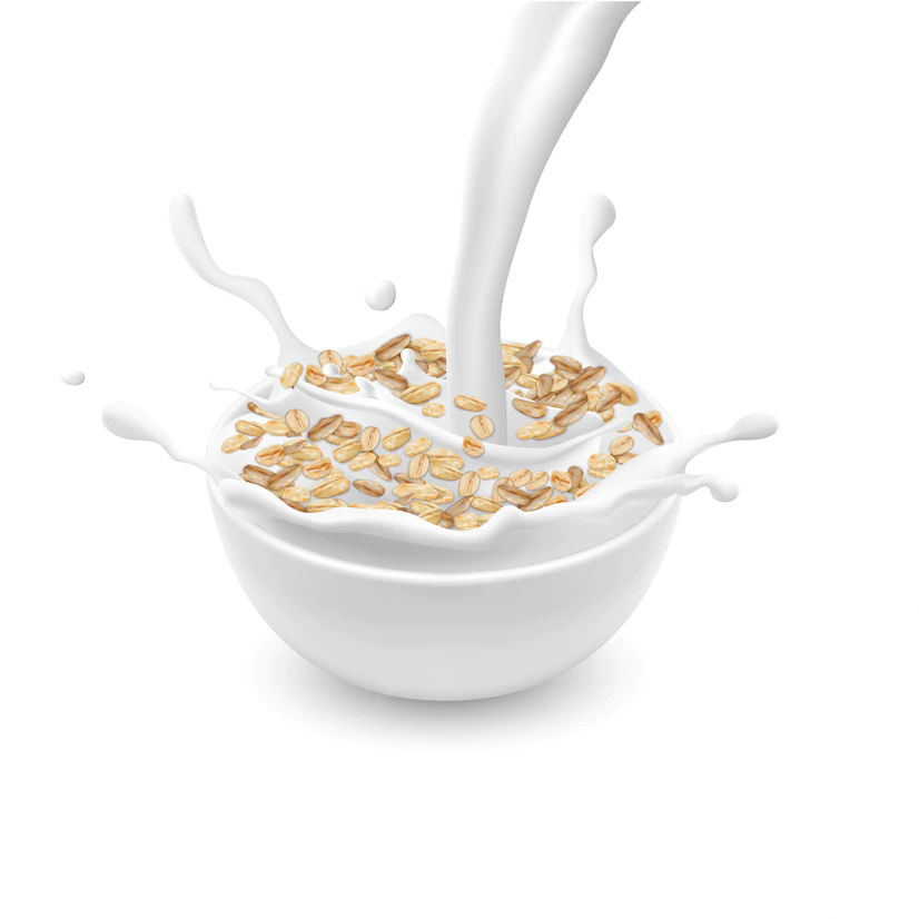 Realistic Ceramic Bowl With Oat Flakes Muesli With White Pouring Milk Splashes Isolate 1441 1938