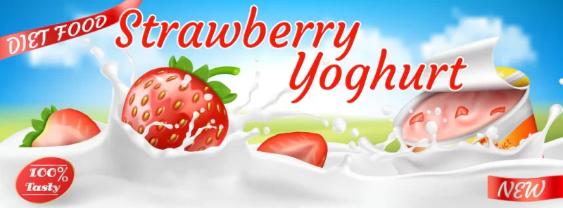 Realistic colorful banner for yogurt ads. red strawberries in white milk splashes Free Vector