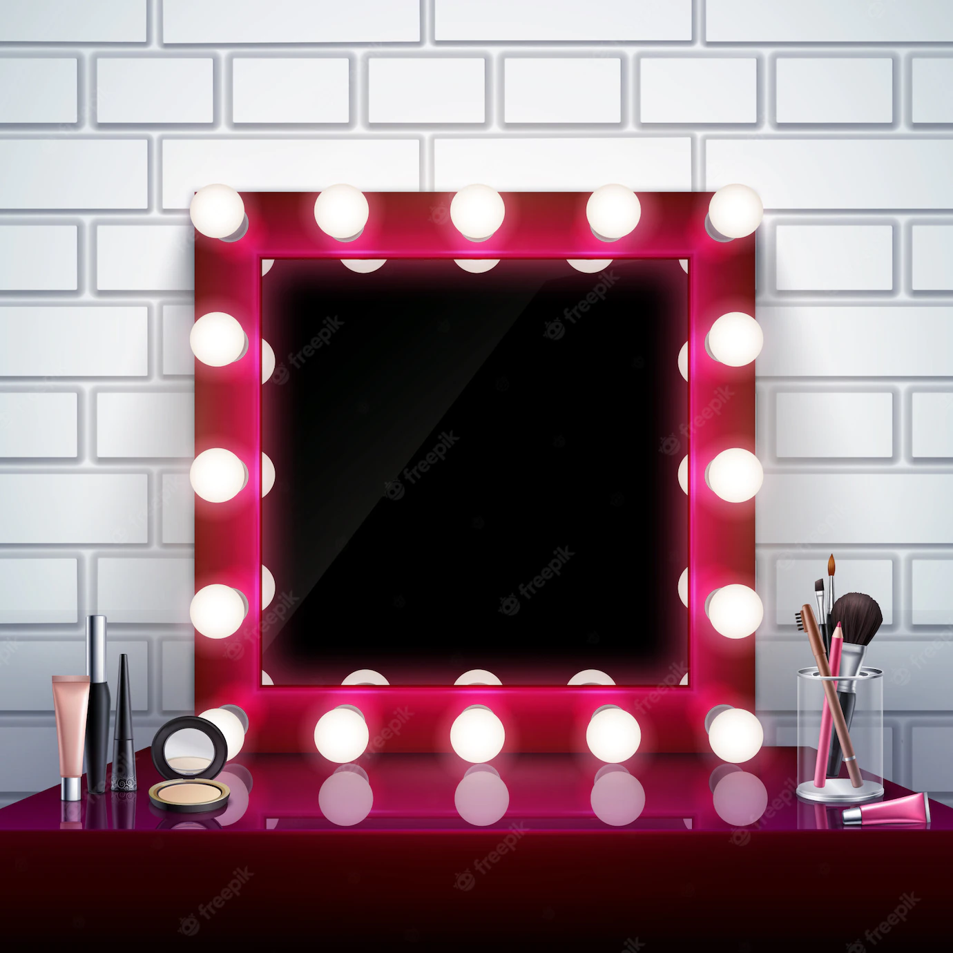 Realistic Composition With Pink Makeup Mirror Cosmetics Brushes Table Vector Illustration 1284 30433