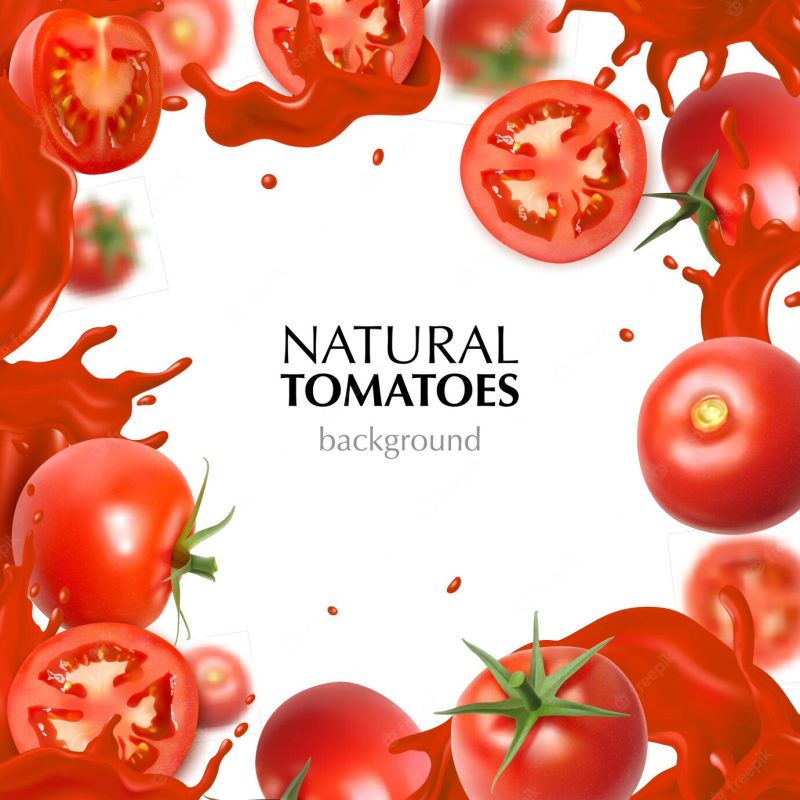 Realistic frame with natural whole and sliced tomatoes and juice splashes on white background Free Vector