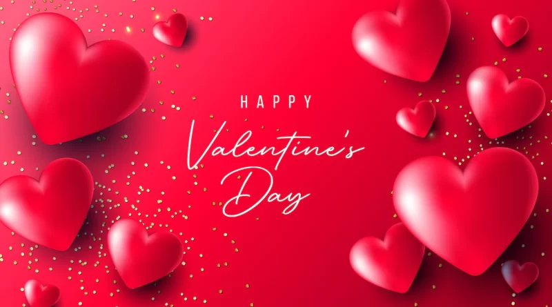 Realistic happy valetines day with 3d hearts Free Vector