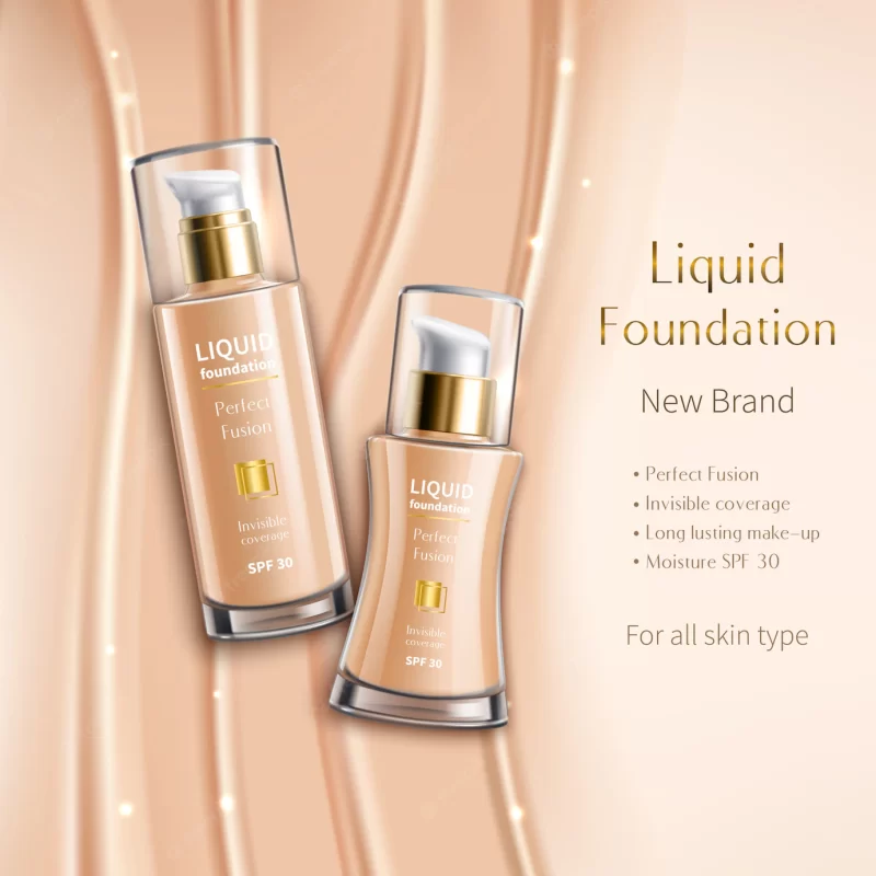 Realistic liquid foundation in glass vials advertising composition of cosmetics product on beige sparkling Free Vector