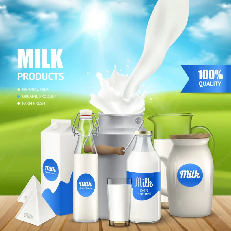 Realistic milk containers on table poser Free Vector