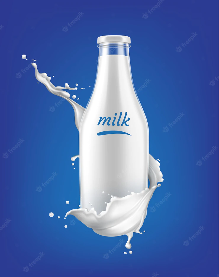 Realistic Milk Splash Full Transparent Bottle Milk With Lot Droplets Blue Background 212889 4424