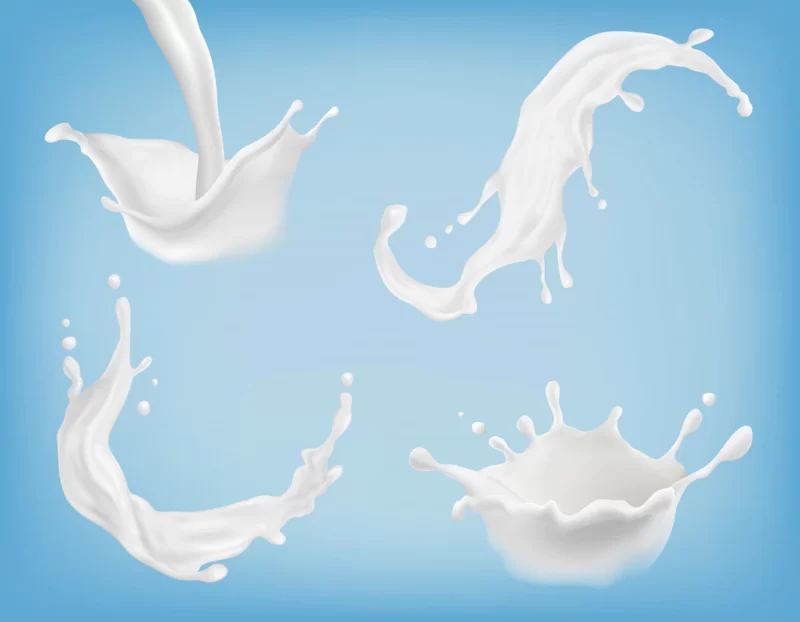 Realistic milk or yogurt splashes, flowing cream, abstract white blots, milky swirls Free Vector