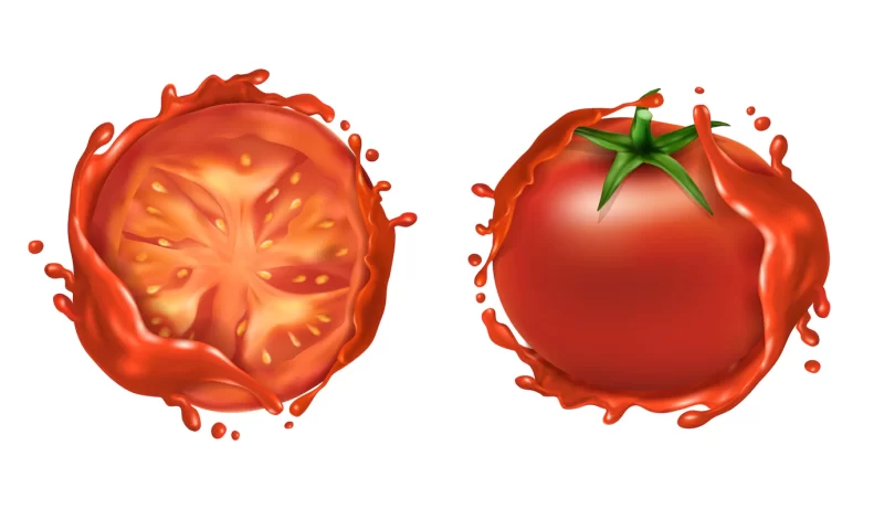 Realistic set of two red ripe tomatoes, whole fresh vegetable and half Free Vector