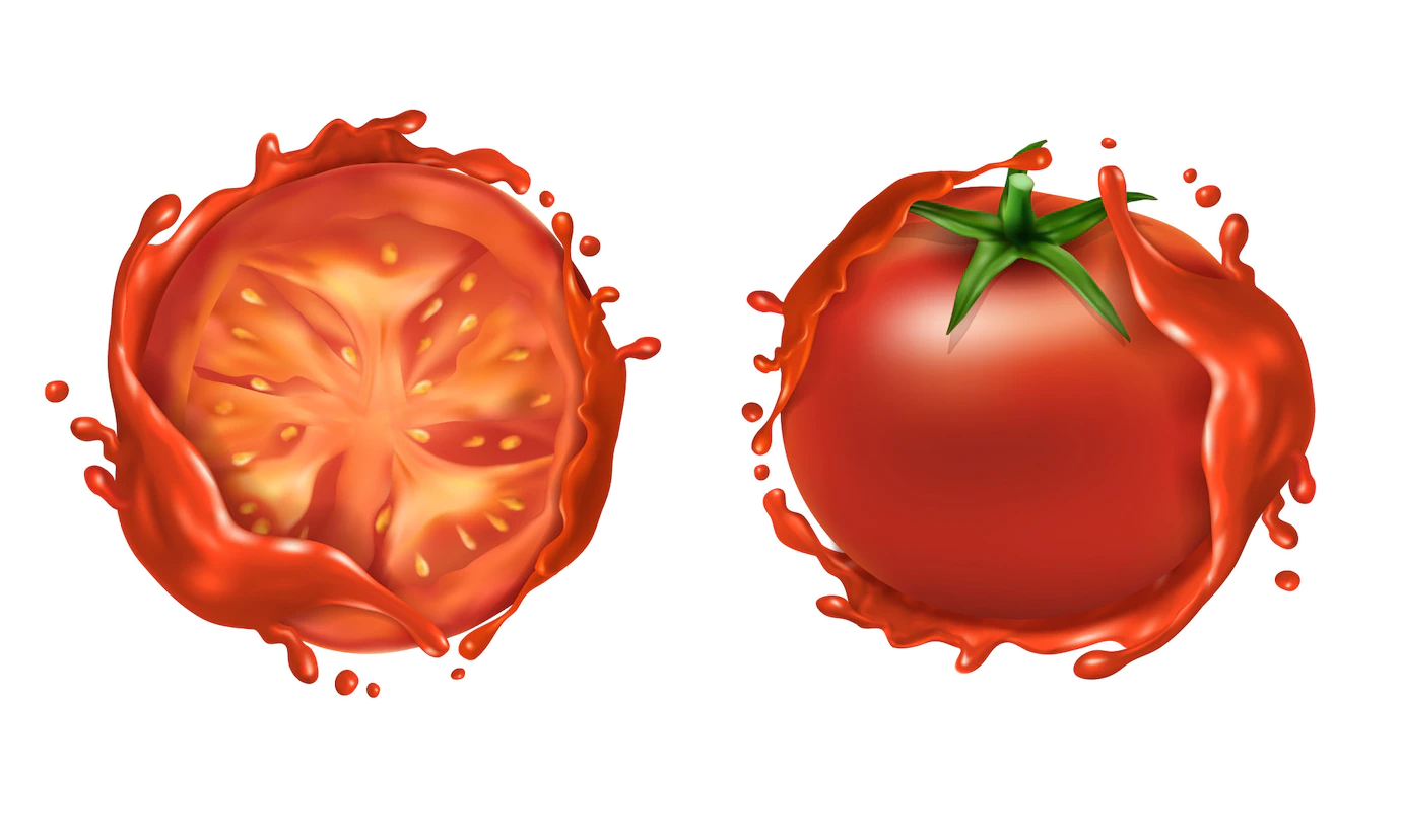 Realistic Set Two Red Ripe Tomatoes Whole Fresh Vegetable Half 1441 1784