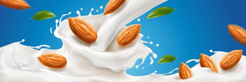 Realistic splash of almond milk with nuts for natural drink advertising organic vegan beverage with Premium Vector