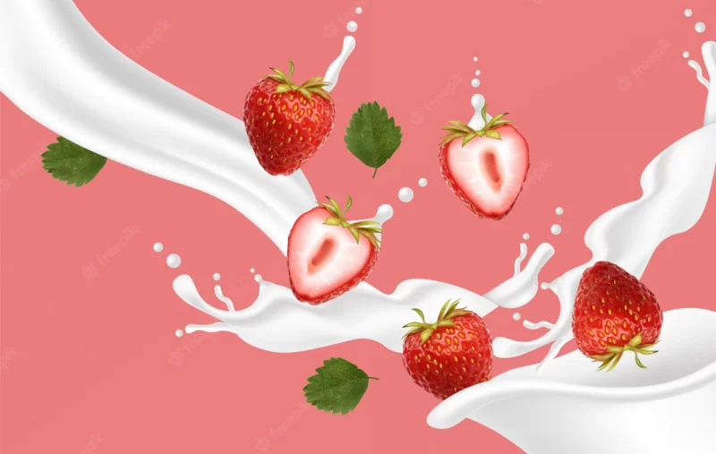 Realistic strawberry with splash milk, strawberry yogurt Premium Vector