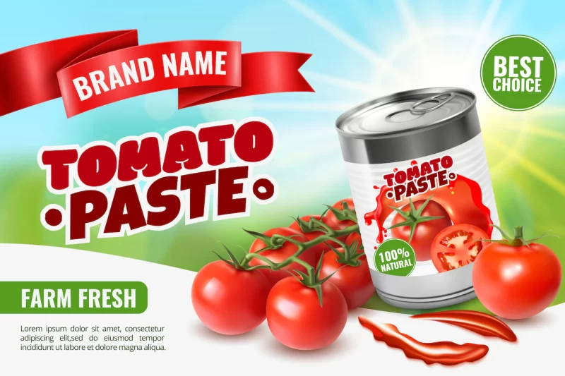 Realistic tomato ads with branded metal can container editable text and images of ripe tomatoes Free Vector