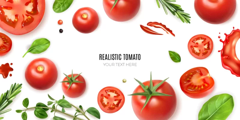 Realistic tomato frame background with editable text surrounded by isolated ripe vegetables and greens Free Vector