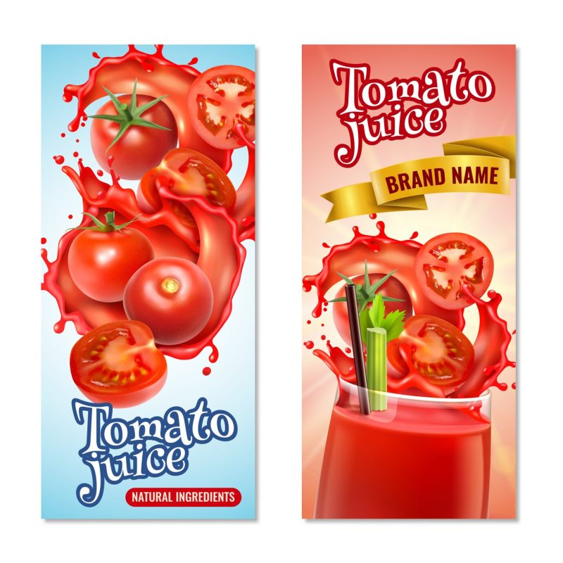 Realistic tomato juice vertical banners set with splashes of red liquid and whole fruits with text Free Vector