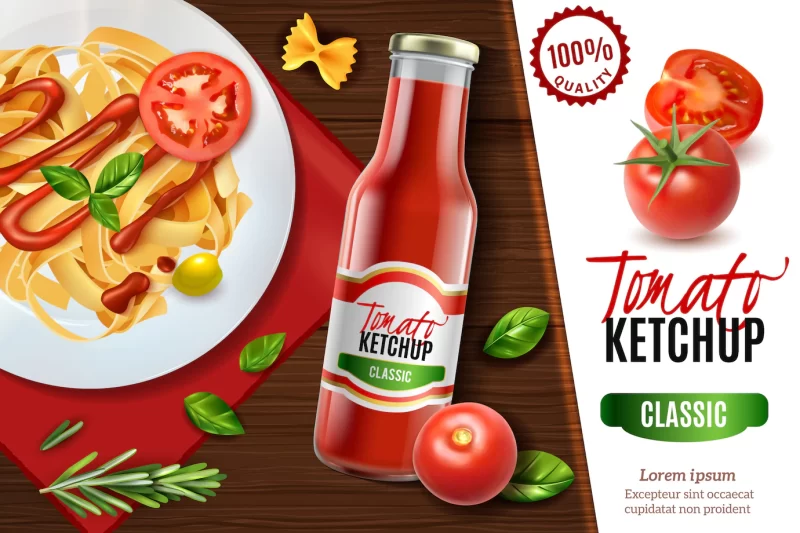 Realistic tomato ketchup advertising with view of wooden table and plate of pasta with text Free Vector