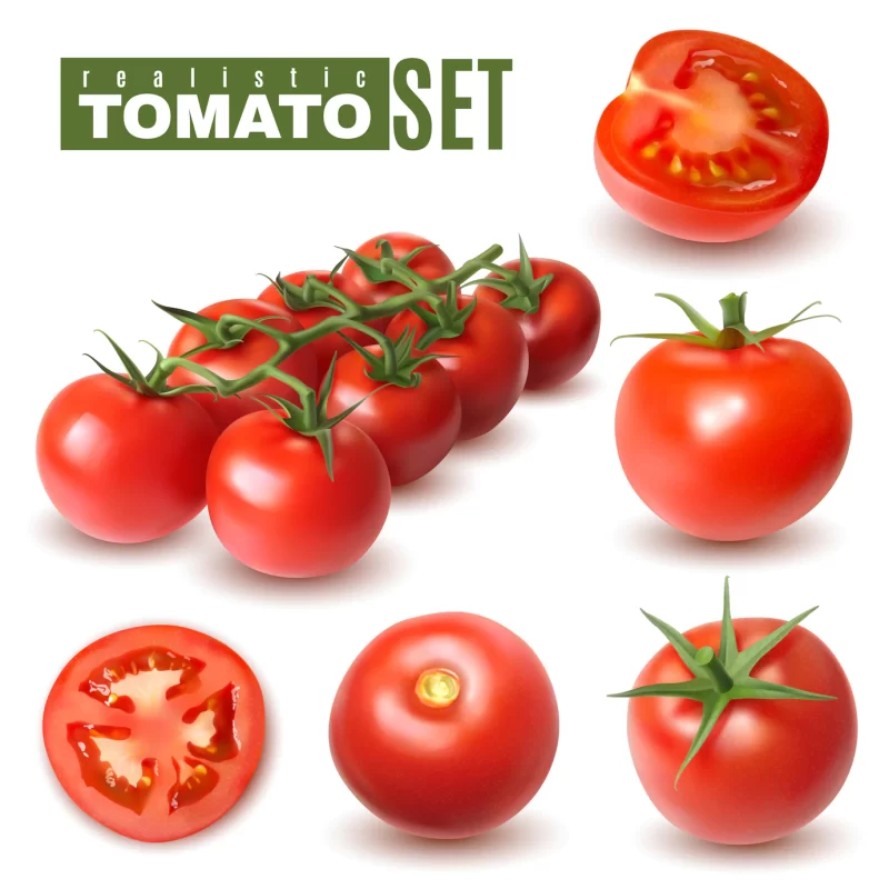 Realistic tomato set of isolated images with single tomato fruits and groups with shadows and text Free Vector