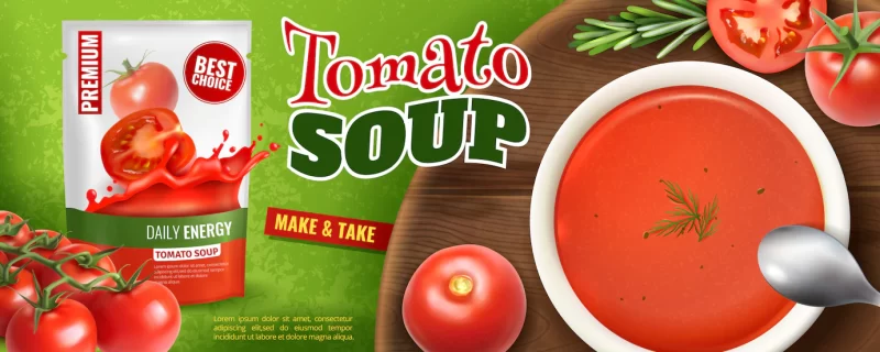 Realistic tomato soup advertising with branded packaging and wooden board with plate filled with soup Free Vector