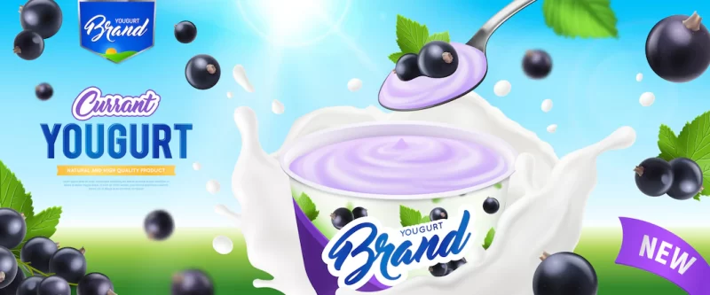 Realistic yogurt ads poster with currant yogurt nature and high quality product description illustrati