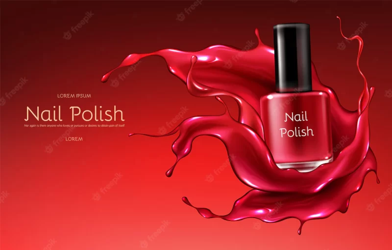 Red nail polish 3d realistic vector advertising banner with glass bottle in glossy Free Vector