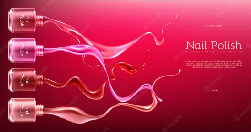 Red or pink nail polish 3d realistic vector ads banner with glass bottle in glossy Free Vector