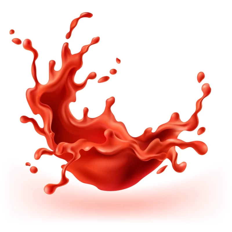 Red tomato splashing, juice or paint splash with drops. blobs, blots with shadow Free Vector