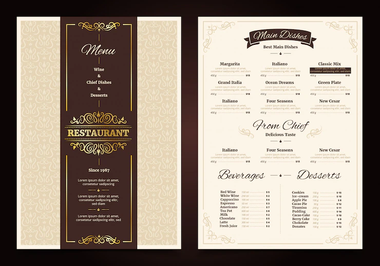 Restaurant Menu Vintage Design With Ornate Frame Ribbon Chef Dishes Beverages 1284 16055