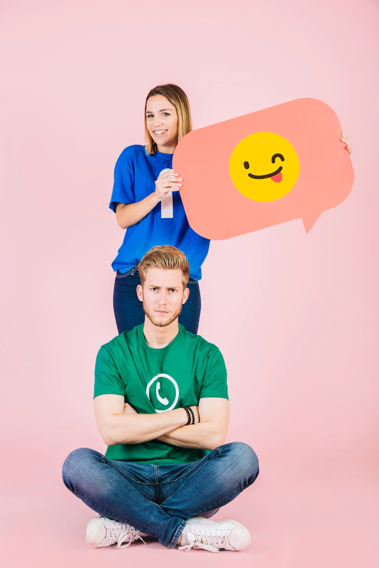 Sad Man Sitting Front Happy Woman Holding Winking Emoji Speech Bubble 23 2147849504