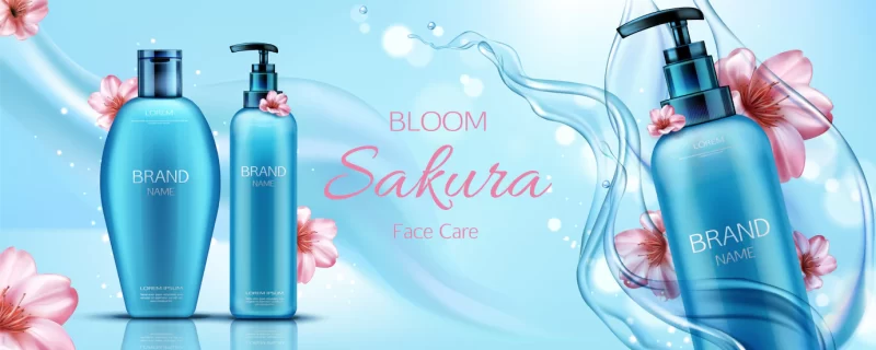 Sakura cosmetics bottles advertising banner, face care Free Vector