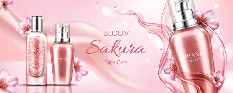 Sakura cosmetics bottles banner, serum and primer Free Vector