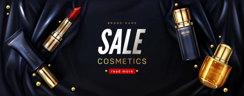 Sale banner with cosmetic products on black silk Free Vector