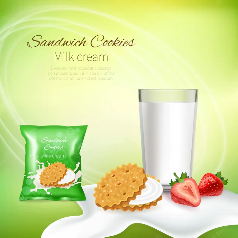 Sandwich cookies with milk cream and strawberries Free Vector