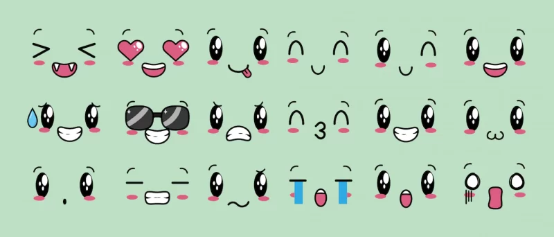 Set of 18 designs of kawaii expressions Free Vector