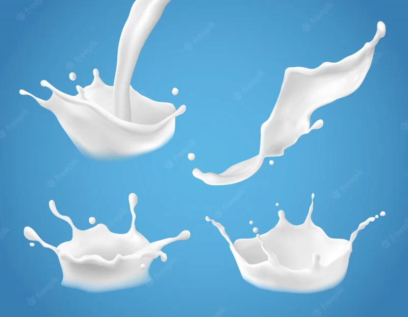 Set of 3d vector milk splash and pouring, realistic natural dairy products, yogurt or cream Free V