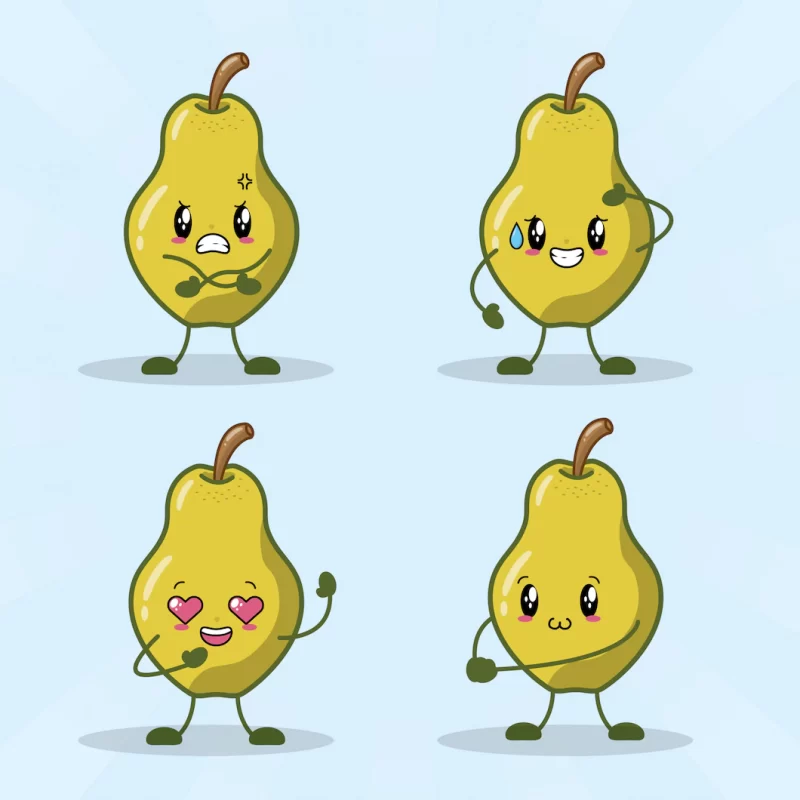 Set of 4 kawaii pears with different happy expressions Free Vector