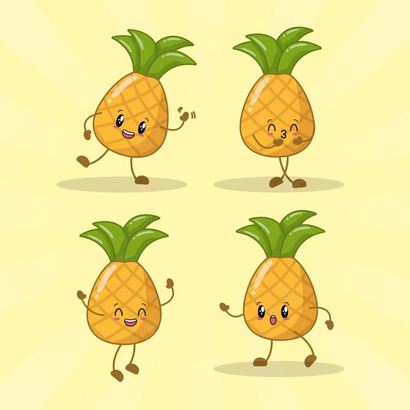 Set of 4 kawaii pineapples with different happy expressions Free Vector