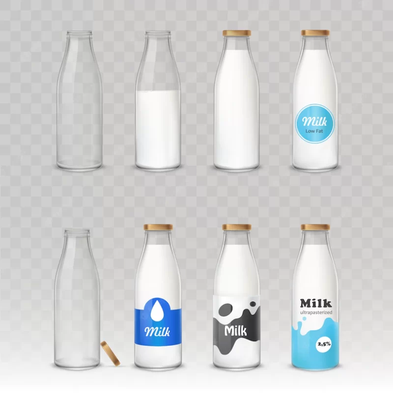 Set of glass bottles with milk with different labels. Free Vector