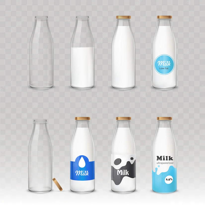 Set Glass Bottles With Milk With Different Labels 1441 821