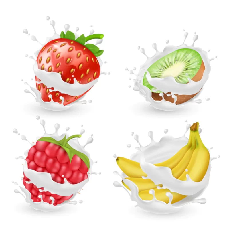 Set of juicy summer fruits and berries in milk or cream splashes, isolated on background. nat Free Vecto