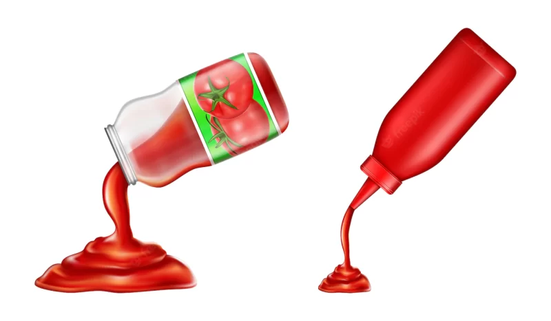 Set of ketchup – in plastic bottle and glass jar in 3d style. red tomato condiment Free Vector