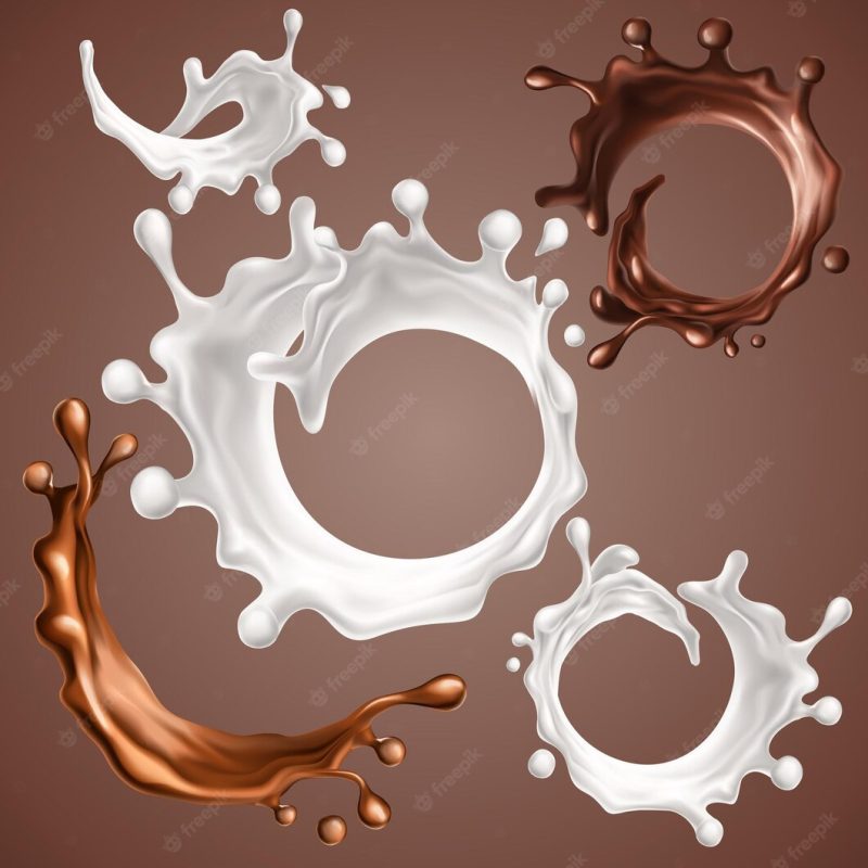 Set of realistic splashes and drops of milk and melted chocolate dynamic circle splashes of whi