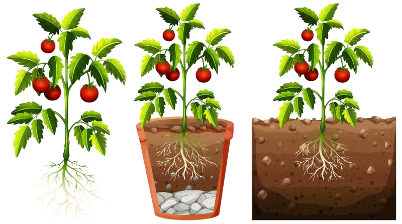 Set of tomatoes plant with roots isolated on white background Free Vector