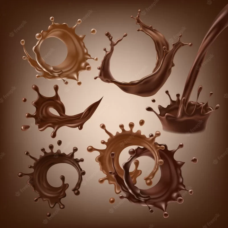 Set of vector 3d illustrations, splashes and drops of melted dark and milk chocolate, hot coffee, cocoa Free Vector