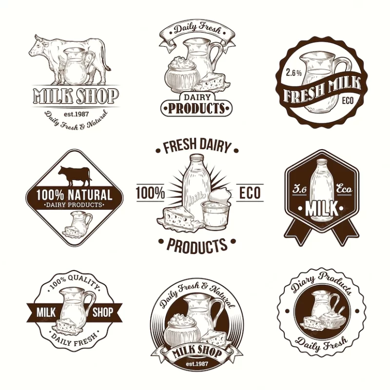 Set of vector illustrations, badges, stickers, labels, logo, stamps for milk and dairy products Free Vec