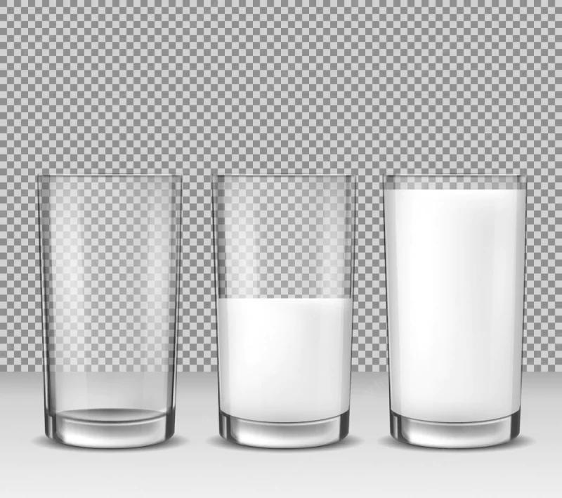 Set of vector realistic illustrations, isolated icons, glass glasses empty, half full and full of milk, dair