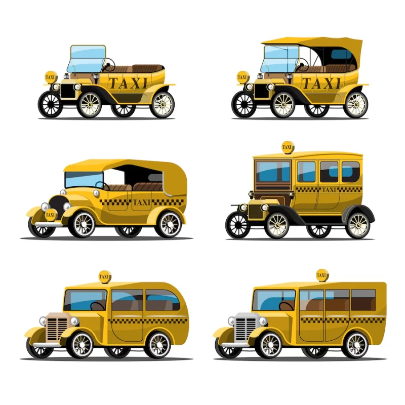 Set of yellow antique taxi car in retro style on white Free Vector