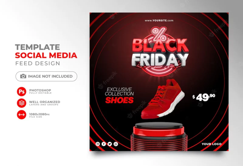 Social media post black friday 3d render for instagram with super offers and promotions Free Psd