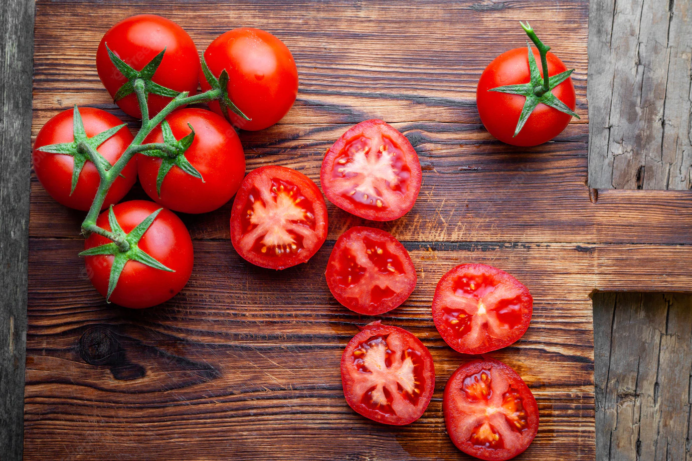 Some Tomatoes Slices With Knife Wooden Cutting Board Top View 176474 3944