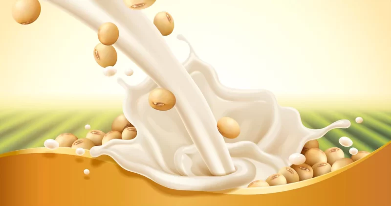 Soy milk pouring down, soy bean and milk isolated on natural green field and golden banner in 3d