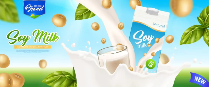 Soy milk realistic colored poster with green leaves beige soybeans and white splashes of pour