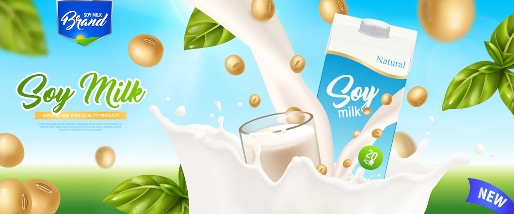 Soy Milk Realistic Colored Poster With Green Leaves Beige Soybeans White Splashes Poured Drink Illustration 1284 31424